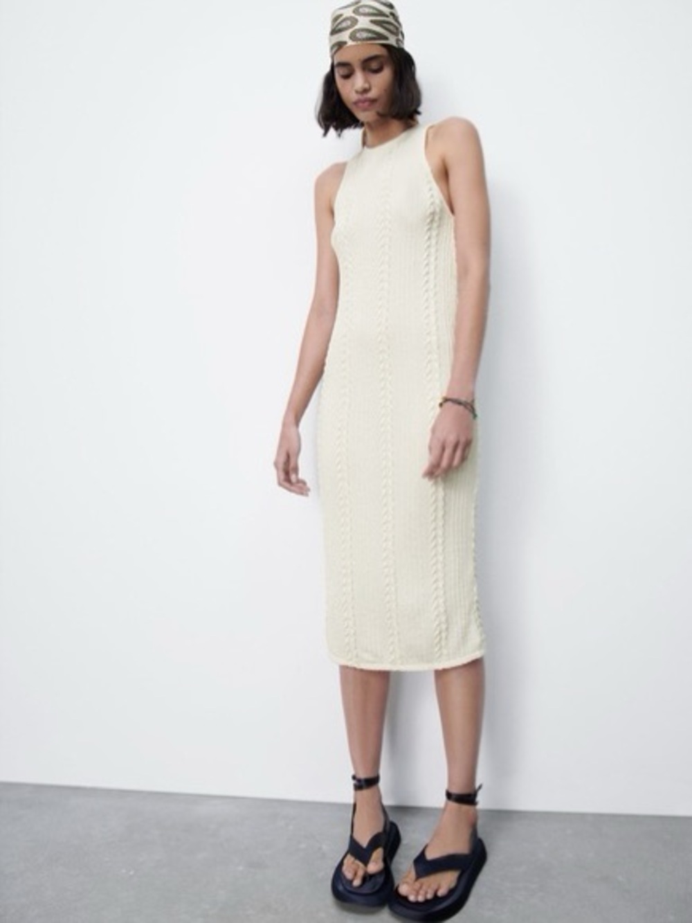 Zara Cream Sleeveless Cable-Knit Midi Dress